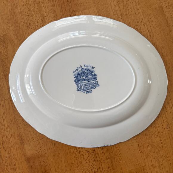 English Village Olde Staffordshire Blue Transferware Oval Serving Platter 10x12" - Picture 3 of 12